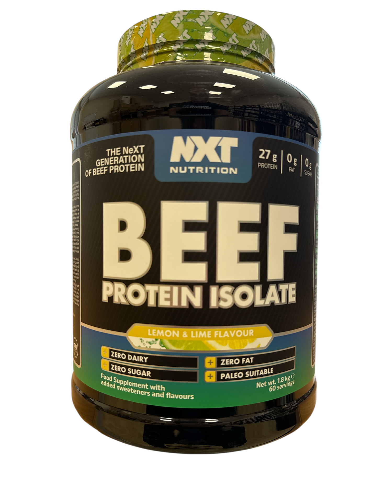 Lemon and lime NXT Nutrition Beef Protein Isolate supplement bottle on a white background