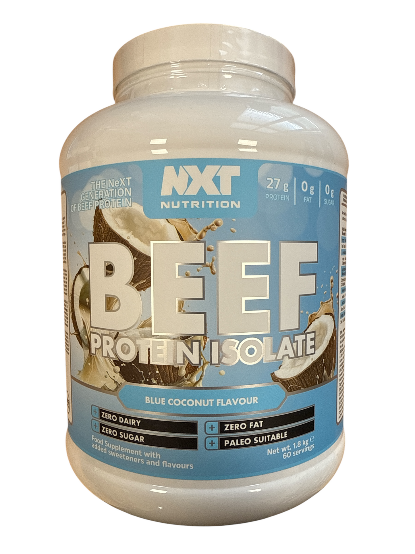 Blue Coconut Beef protein isolate container with NXT Nutrition branding on a white background