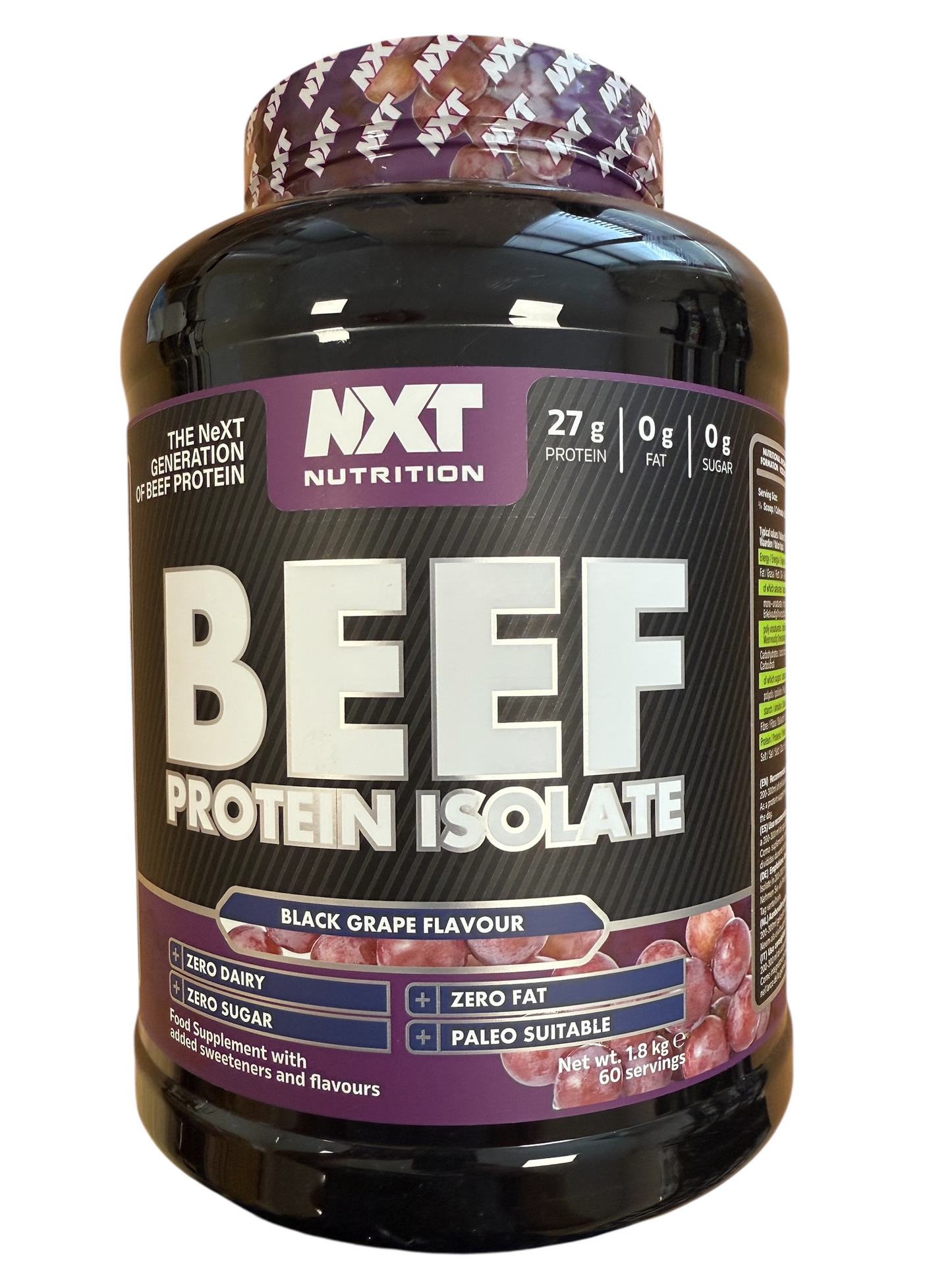 NXT Nutrition Beef Protein Isolate container with black grape flavor on a white background in a 2kg tub