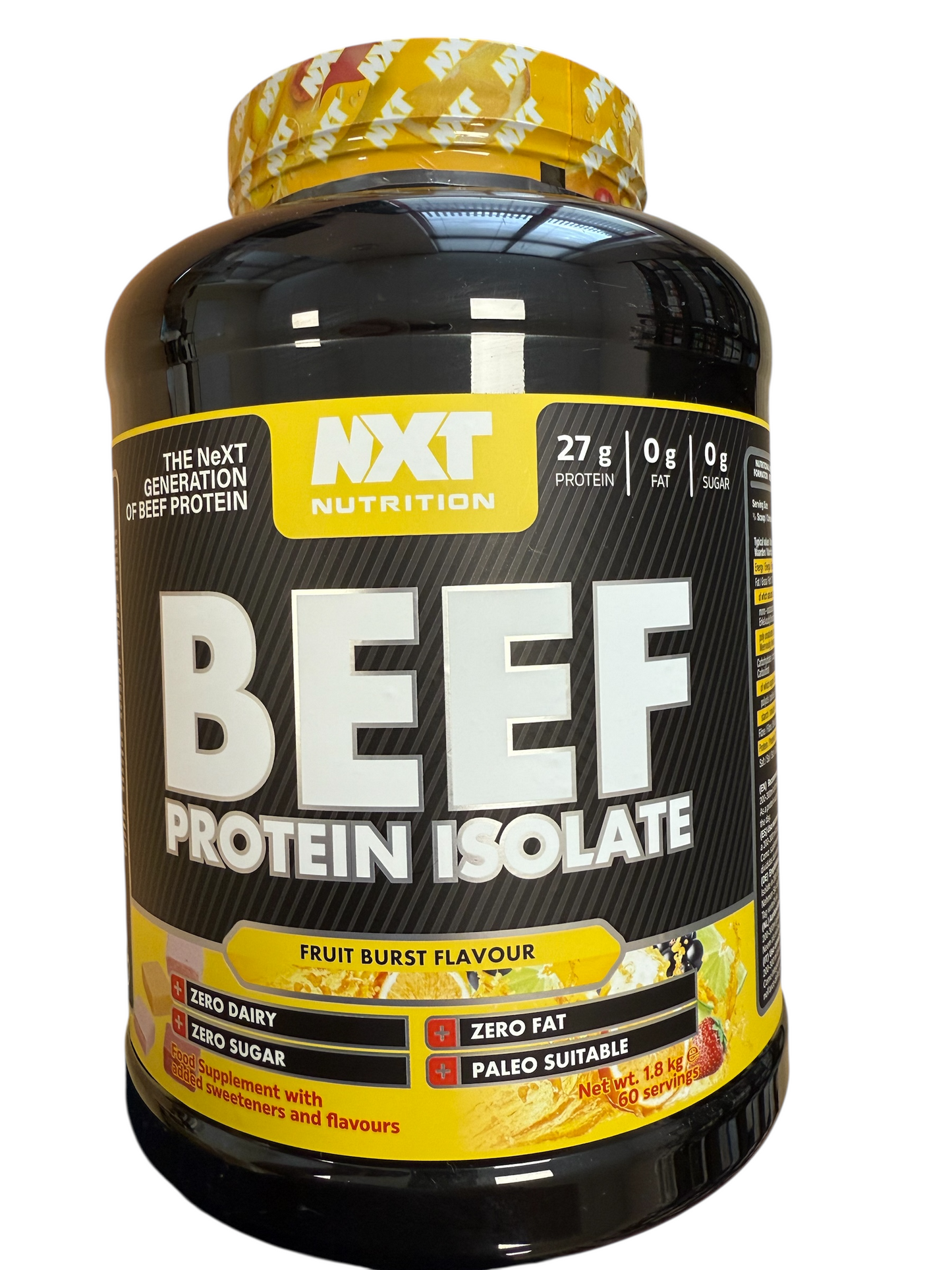 Fruit Burst flavour Beef protein isolate container with yellow and black label on a white background in a 2kg tub