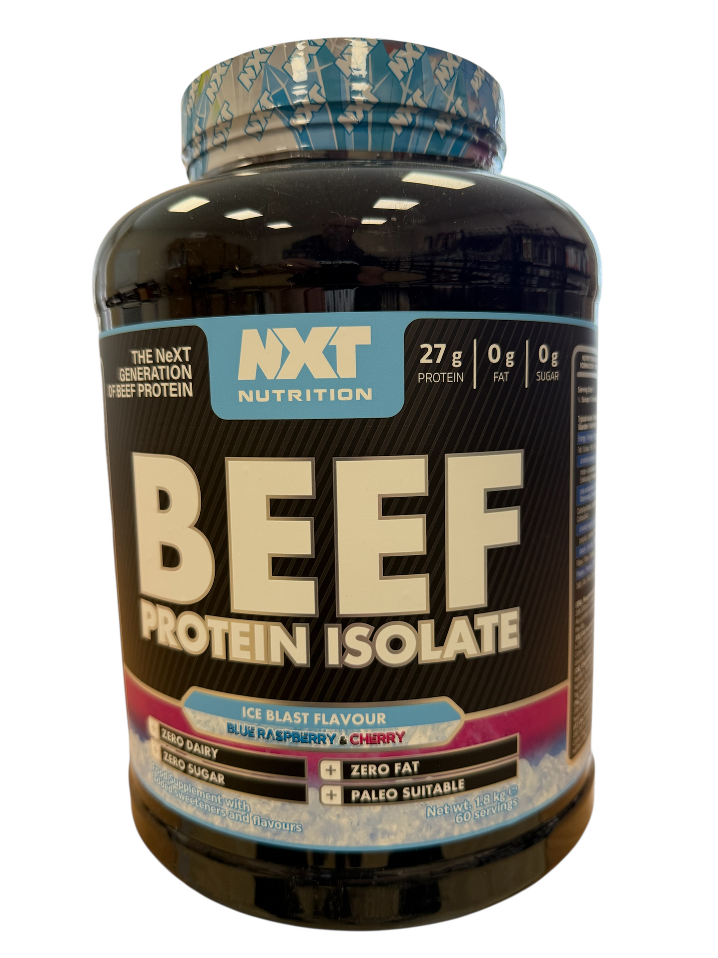 Beef protein isolate container with NXT Nutrition label on a white background in Ice Blast flavour in a 2 kg tub