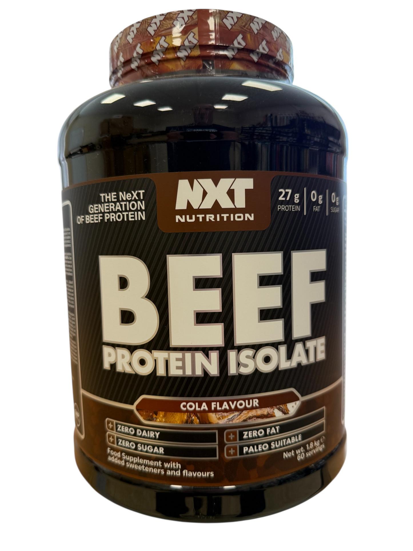 NXT Nutrition Beef Protein Isolate 2kg container with cola flavor on a white background