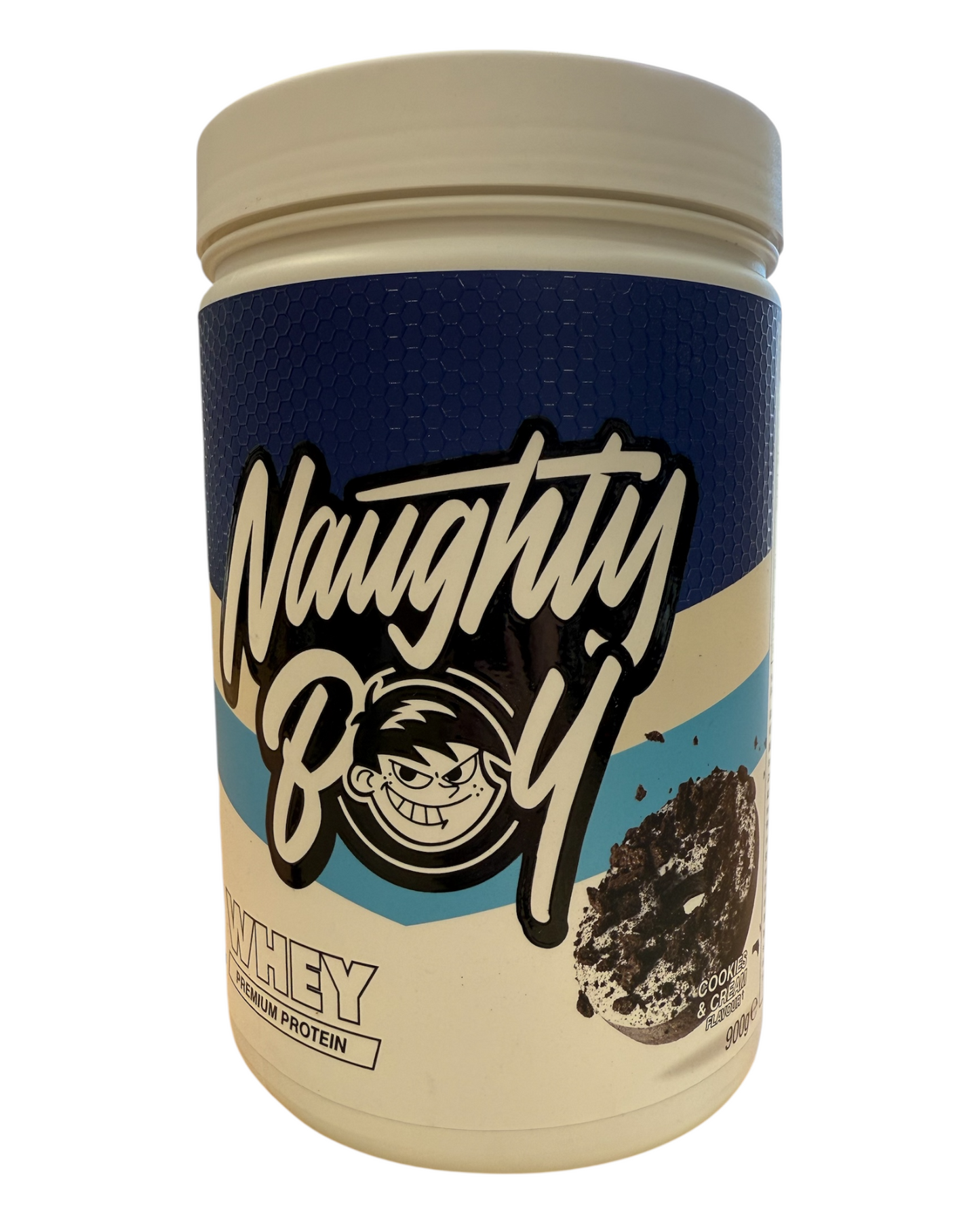 Protein powder container with 'Naughty Boy' branding on a white background