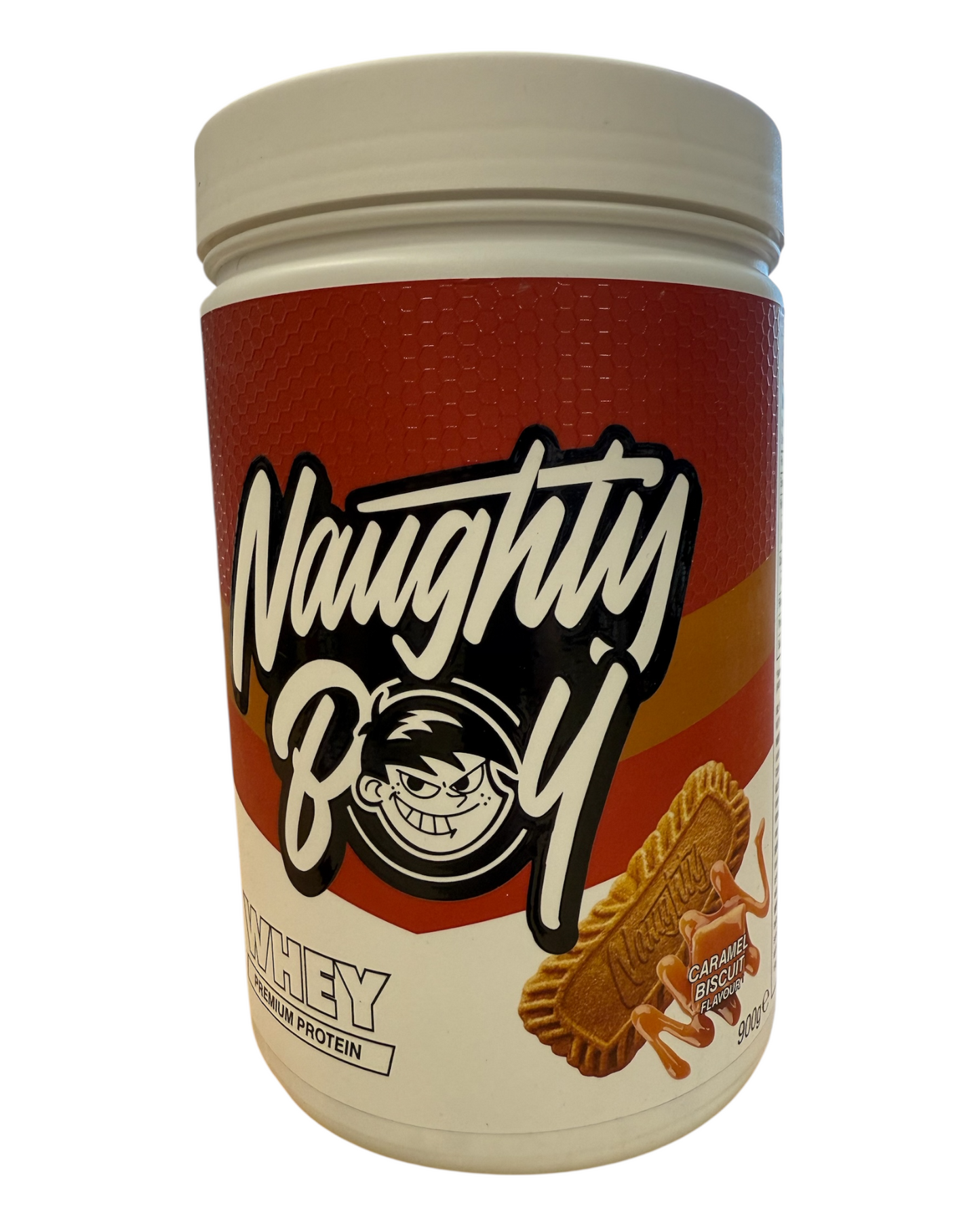 Protein powder container labeled 'Naughty Boy' with a cookie illustration on a white background