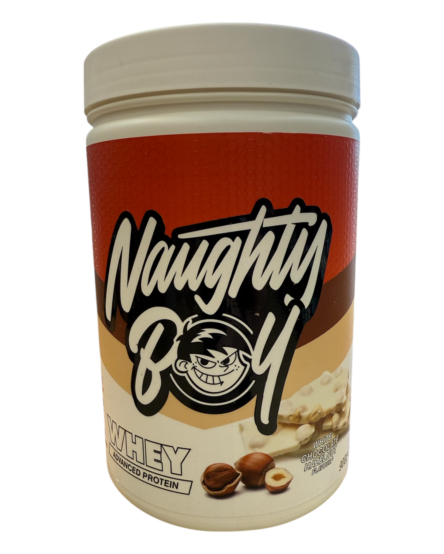 Protein powder container with 'Naughty Boy' branding on a white background