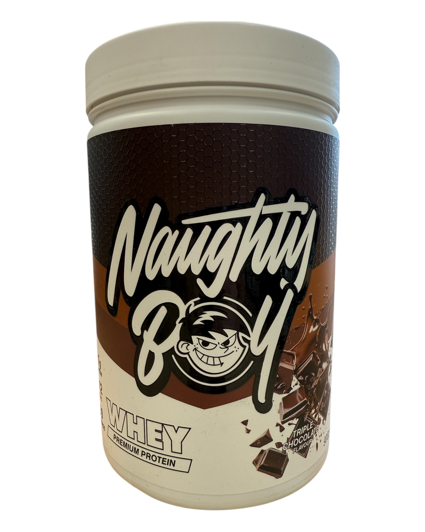 Protein powder container labeled 'Naughty Boy Whey' on a white background