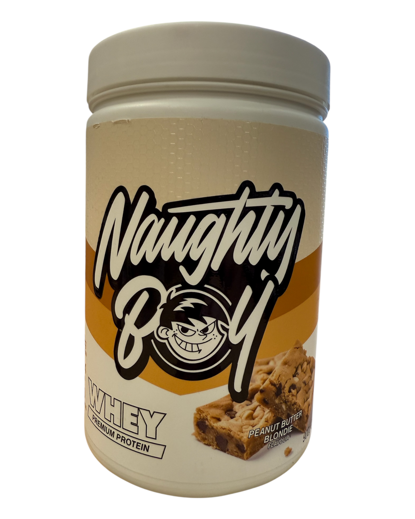 Protein powder container labeled 'Naughty Boy' on a white background
