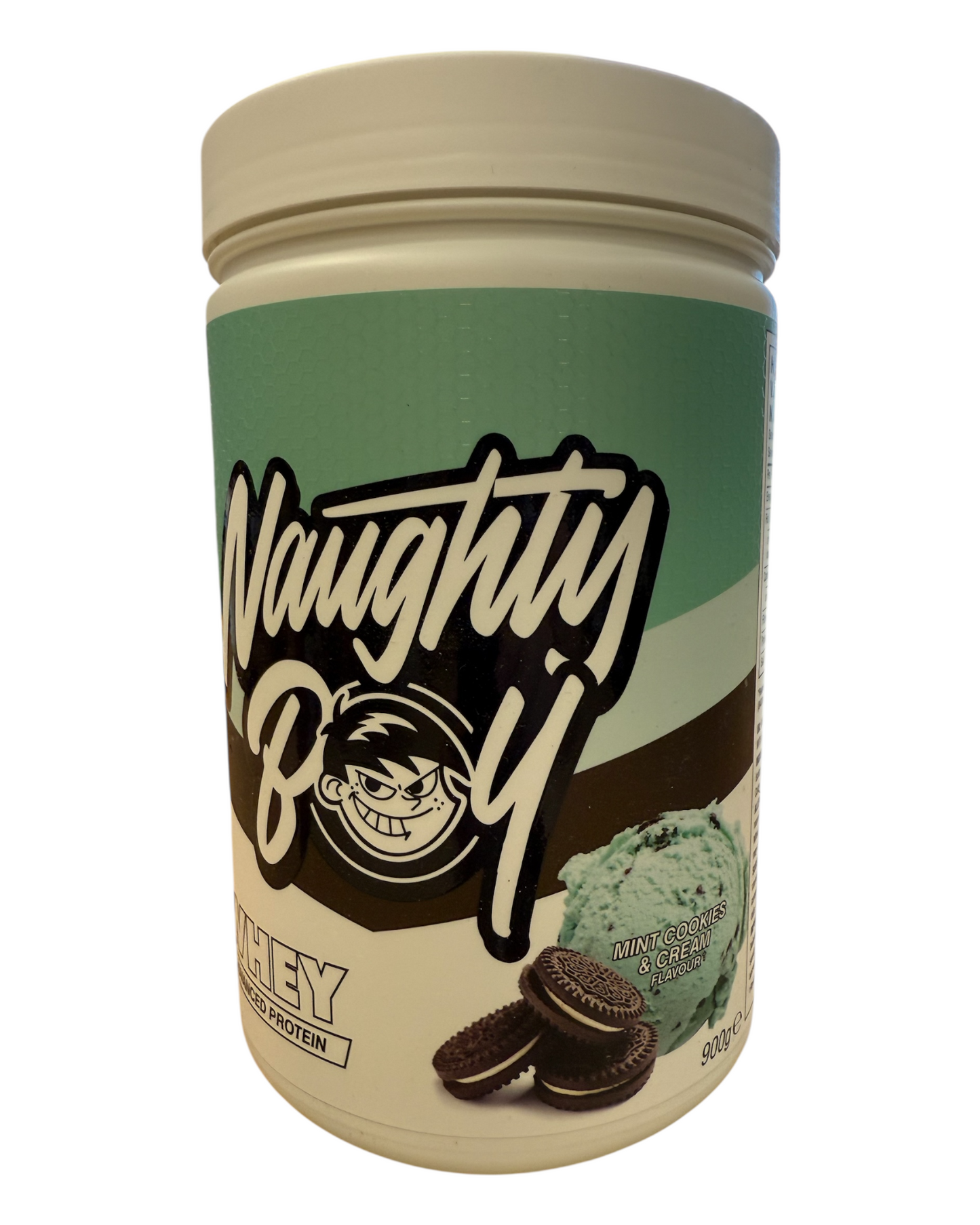 Protein powder container labeled 'Naughty Boy' with mint cookie flavor on a white background