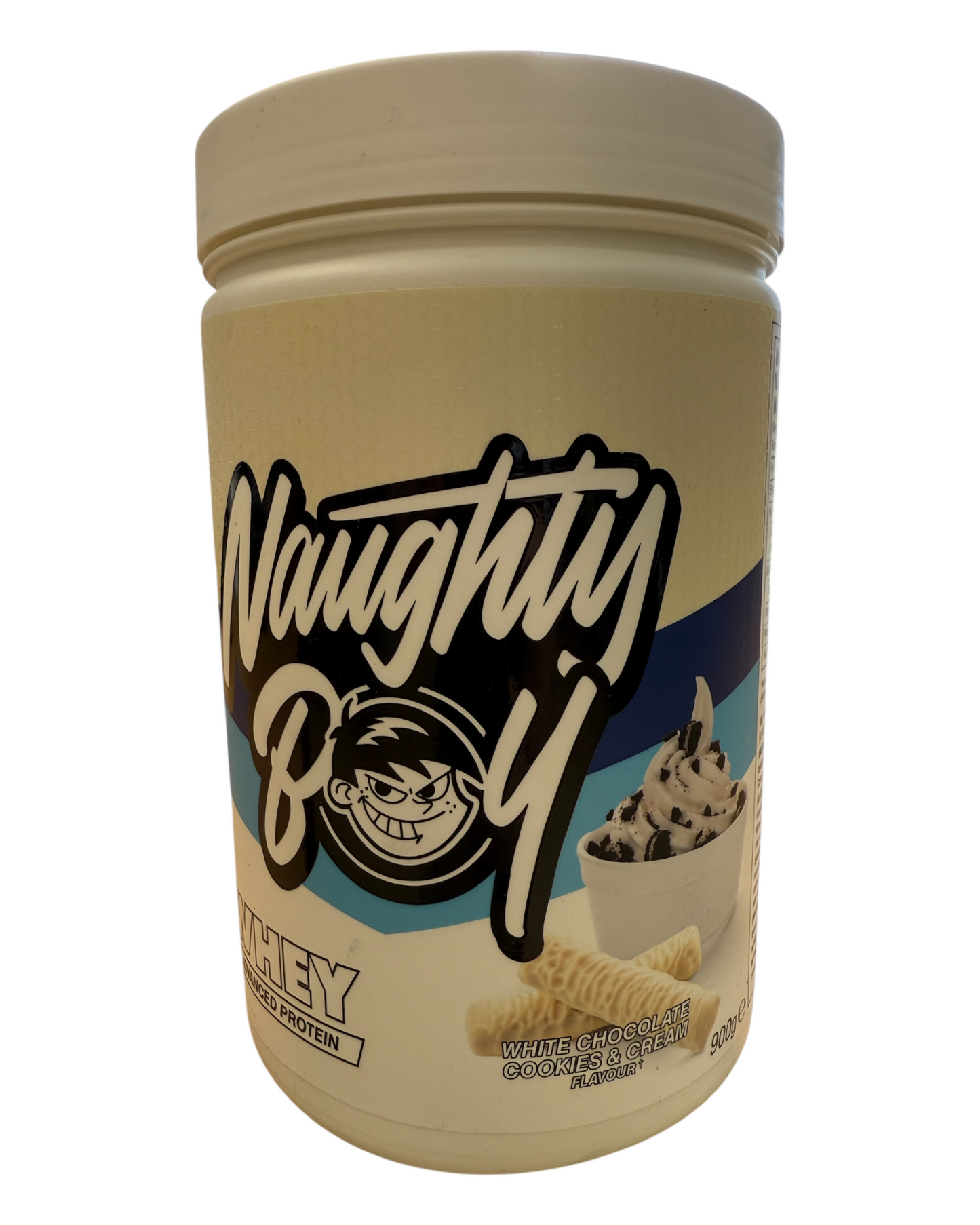 Protein powder container labeled 'Naughty Boy' on a white background
