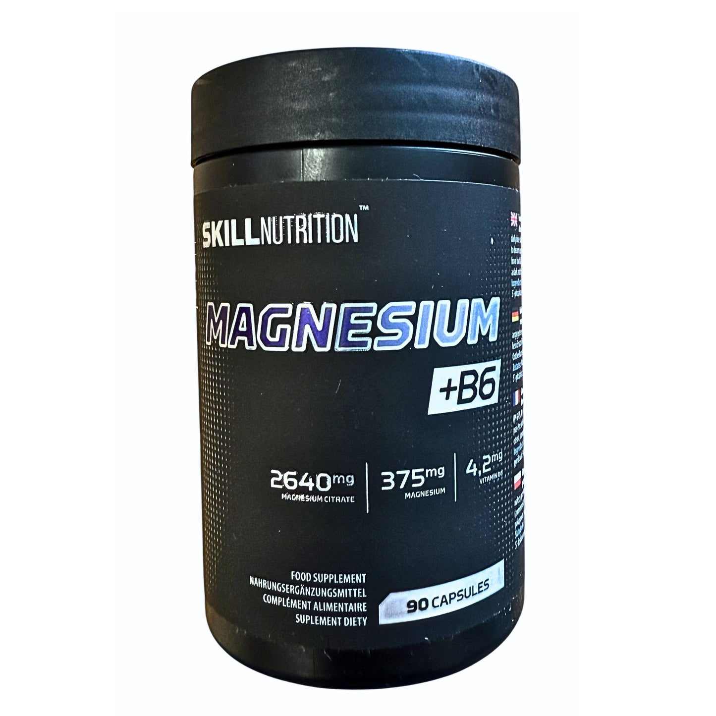 Black supplement container labeled 'Skill Nutrition Magnesium + B6' on a white background
