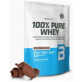 Bag of BioTechUSA 100% Pure Whey protein powder with chocolate flavor on a white background