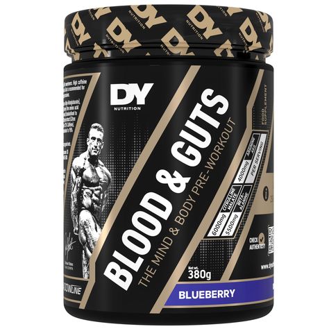 A container of DY Blood and Guts Pre-workout in Blueberry flavor, 380g size, with a black and gold color scheme and an image of a bodybuilder on the label.
