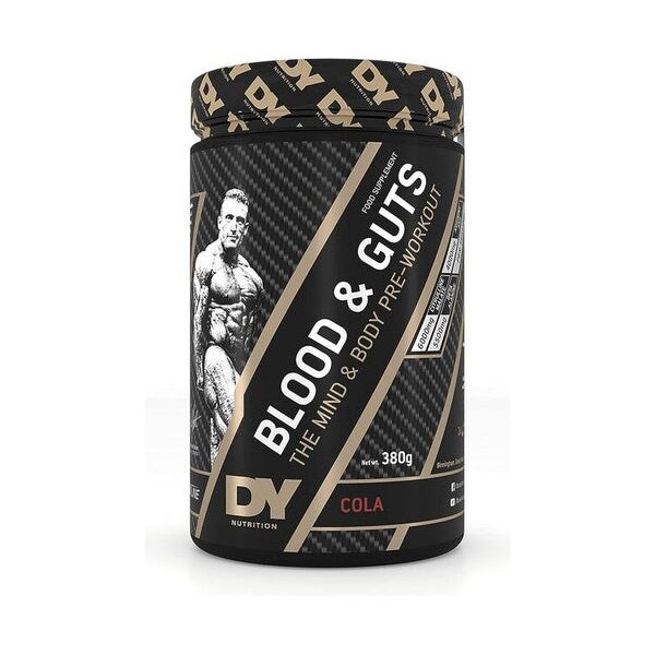 A container of DY Blood and Guts Pre-workout in Blueberry flavor, 380g size, with a black and gold color scheme and an image of a bodybuilder on the label.