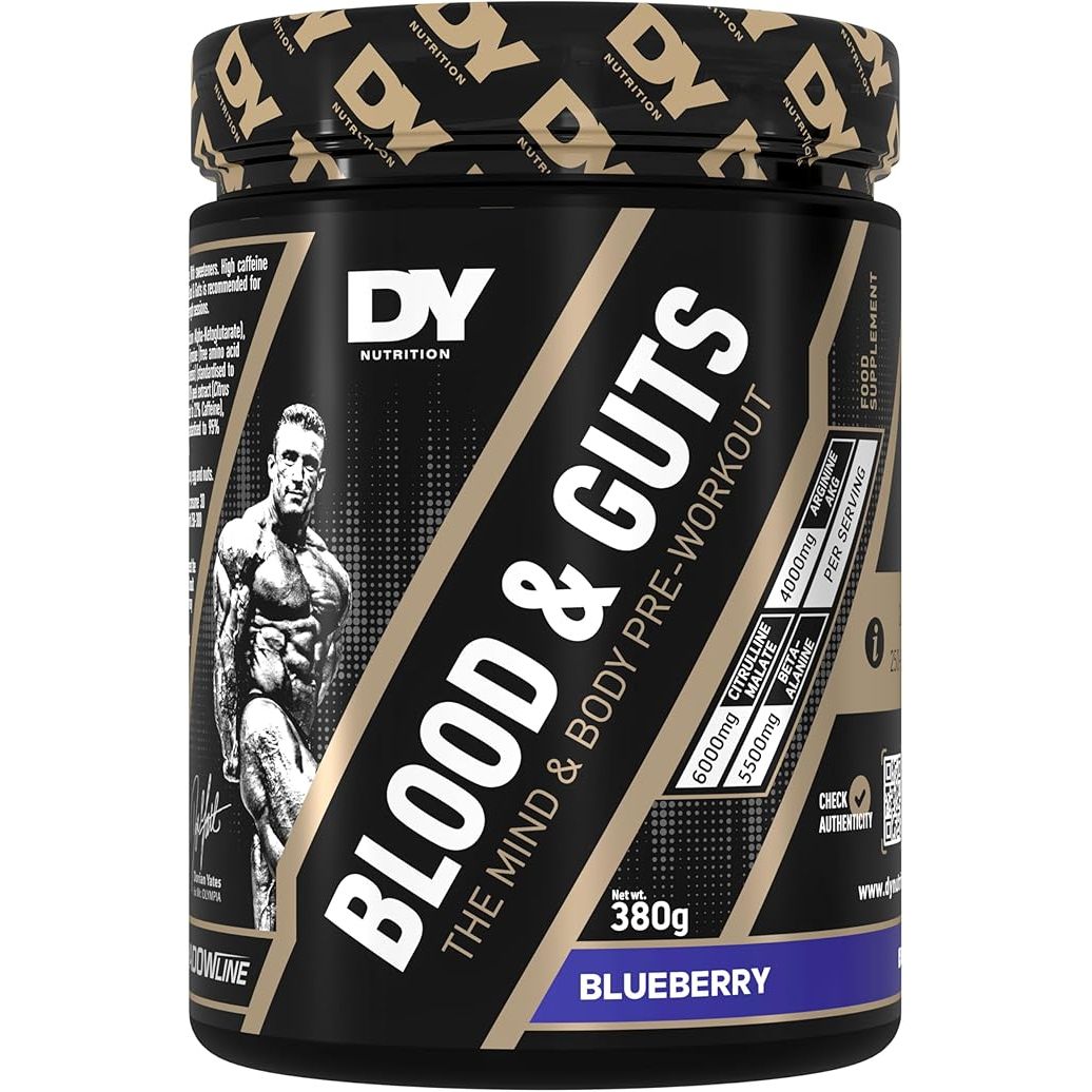 A container of DY Blood and Guts Pre-workout in Blueberry flavor, 380g size, with a black and gold color scheme and an image of a bodybuilder on the label.