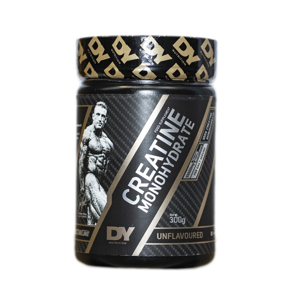 A container of DY Creatine Monohydrate with a black and gold design, featuring an image of Dorian Yates and text indicating the product is unflavored.