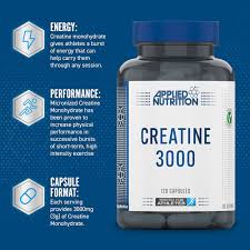 Supplement bottle labeled 'Applied Nutrition Creatine 3000' on a blue background with text about energy and performance.