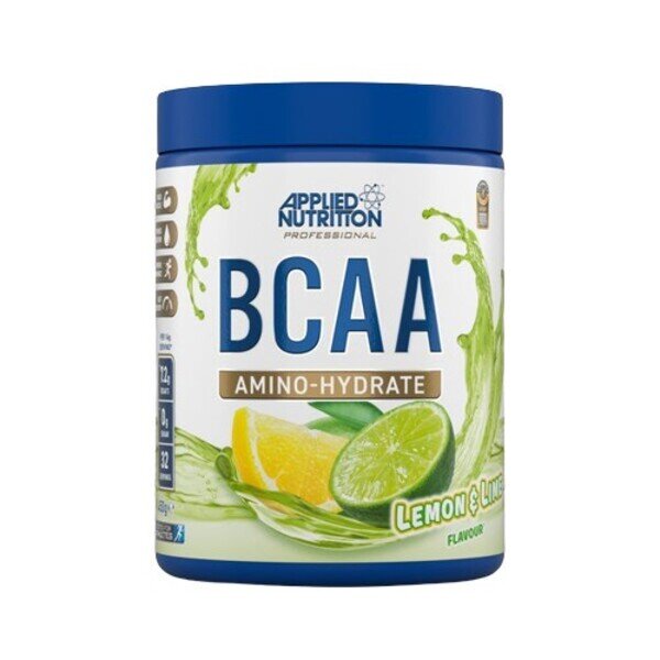 A container of Applied Nutrition BCAA Amino-Hydrate in Lemon & Lime flavor, with a weight of 450g.
