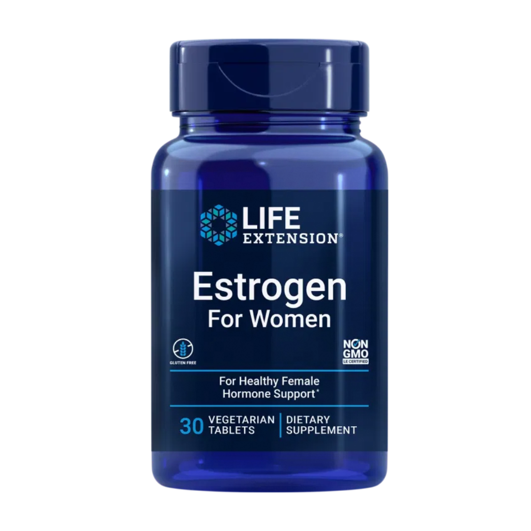 blue bottle of Life extension Estrogen for women containing 30 tablets.