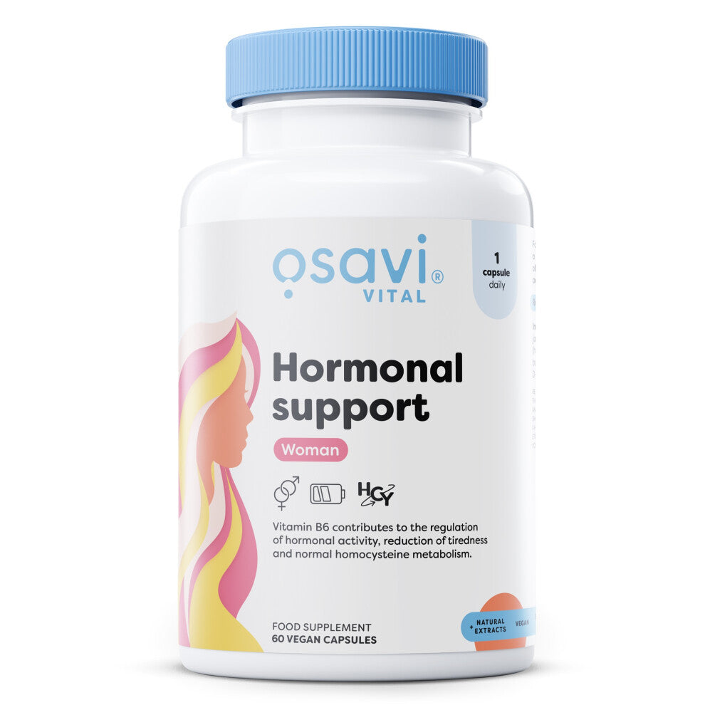 A bottle of Osavi Vital Hormonal Support supplement with graphics indicating it is a food supplement for women.