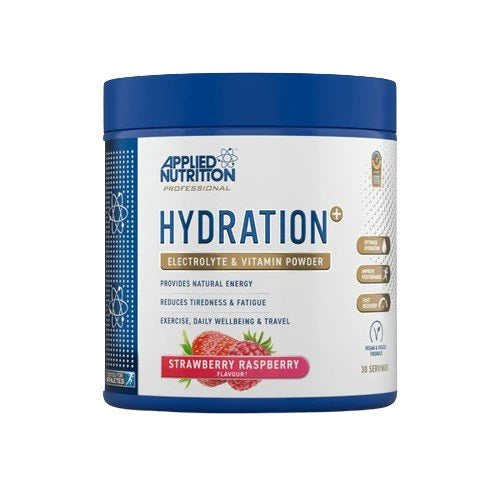 A container of Applied Nutrition Hydration+ Electrolyte & Vitamin Powder in Strawberry Raspberry flavor.