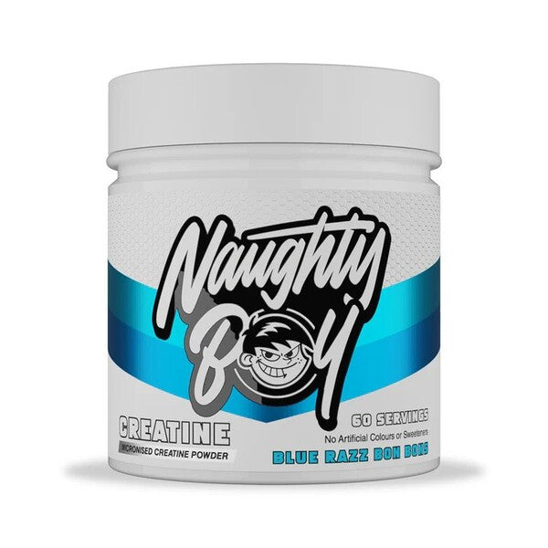 A container of Naughty Boy Creatine Monohydrate with the label showing the brand name and the flavor, Blue Razzle BCAA, along with the amount of servings, 100.