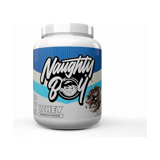 a tub of naughty boy cookies and cream whey protein in a white tub 2 kg