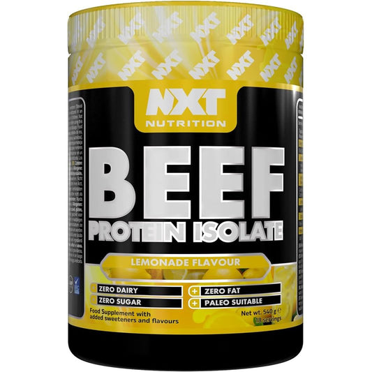 A container of NXT Beef Protein Isolate in lemonade flavor, highlighting zero fat and zero sugar content, and indicating it's paleo suitable.
