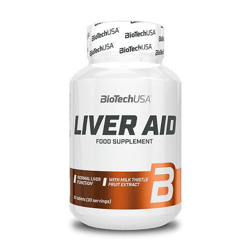 A bottle of BioTechUSA Liver Aid food supplement with white and orange color scheme, labeled as containing 120 servings.