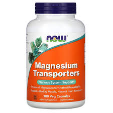 A bottle of Now Foods Magnesium Transporters supplement with 180 veg capsules.