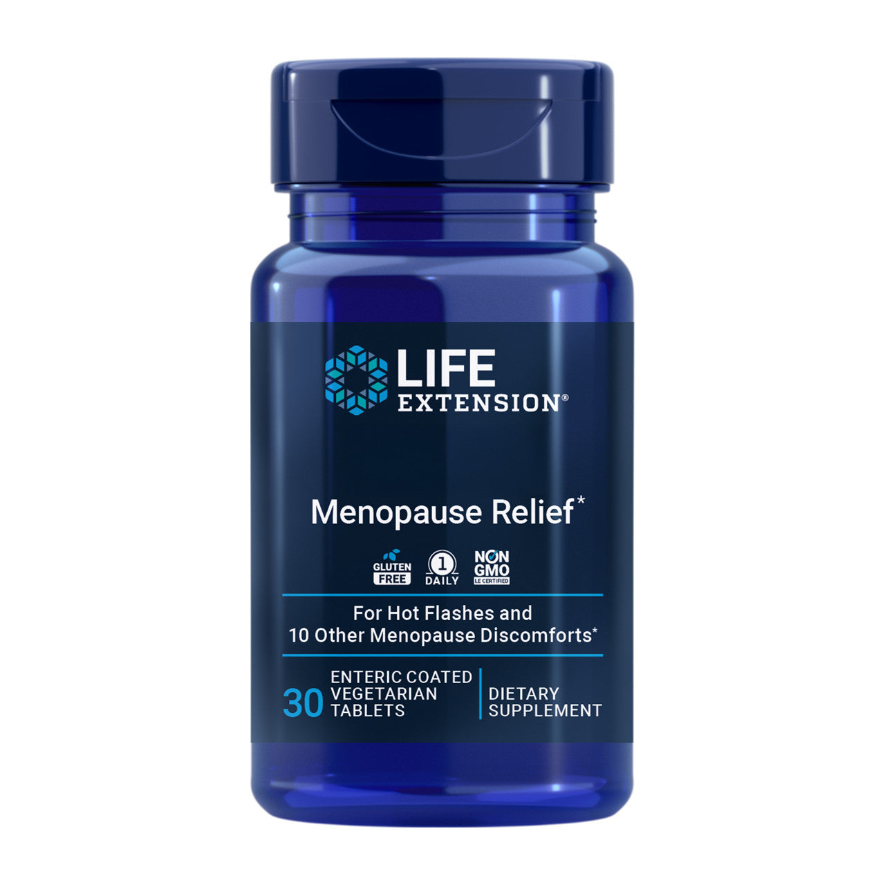 A bottle of Life Extension Menopause Relief dietary supplement, with 30enteric coated vegetarian tablets for hot flashes and 10 other menopause discomforts.