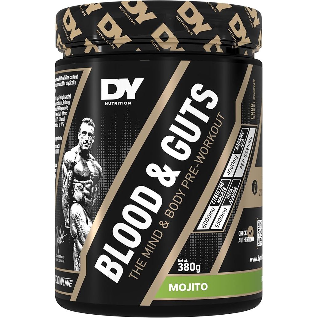A container of DY Blood and Guts Pre-workout in Blueberry flavor, 380g size, with a black and gold color scheme and an image of a bodybuilder on the label.