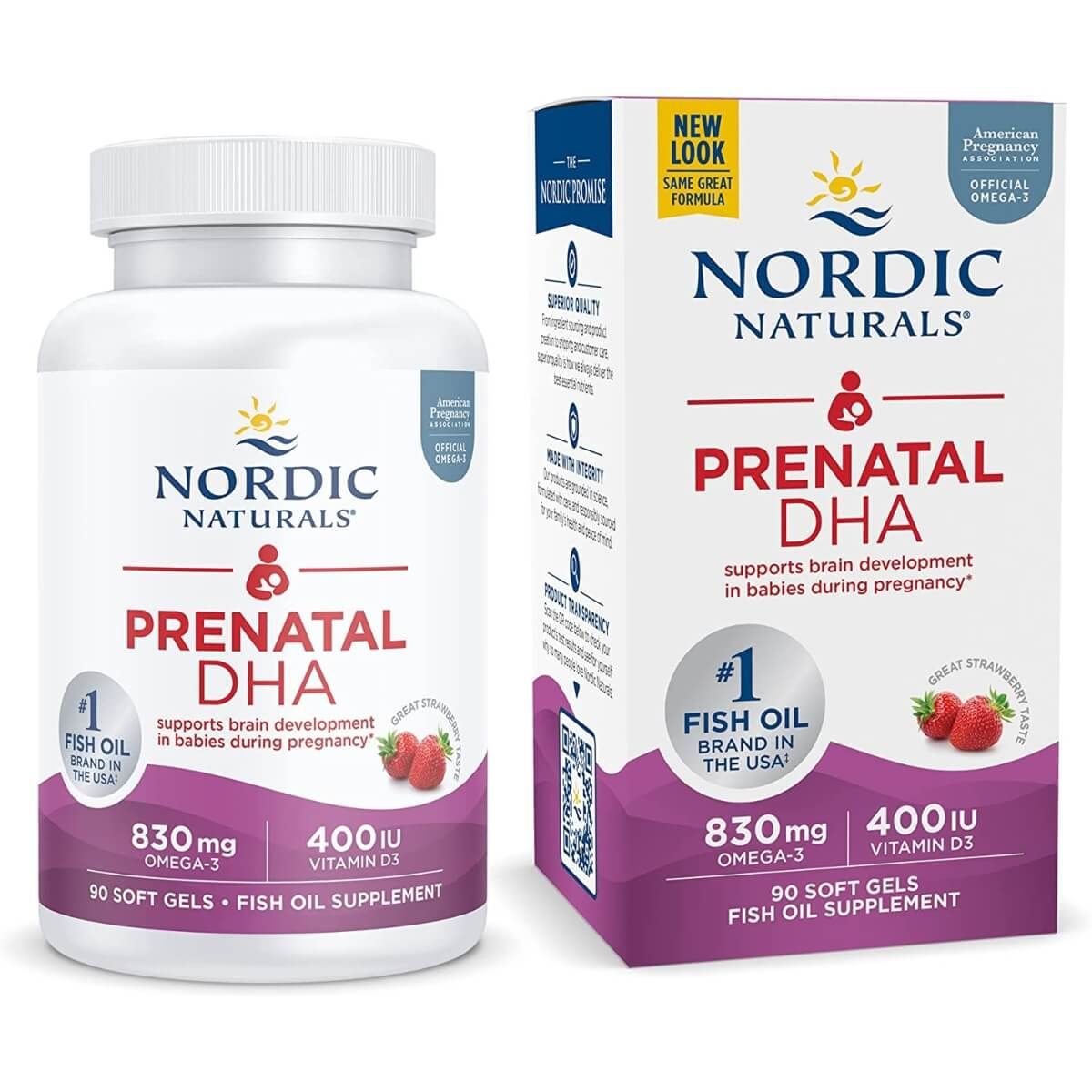 Packaging of Nordic Naturals Prenatal DHA soft gel supplement. The packaging is for 90 soft gel capsules with a strength of 830 mg fish oil, including 400 mcg of DHA and 100 mcg of EPA.