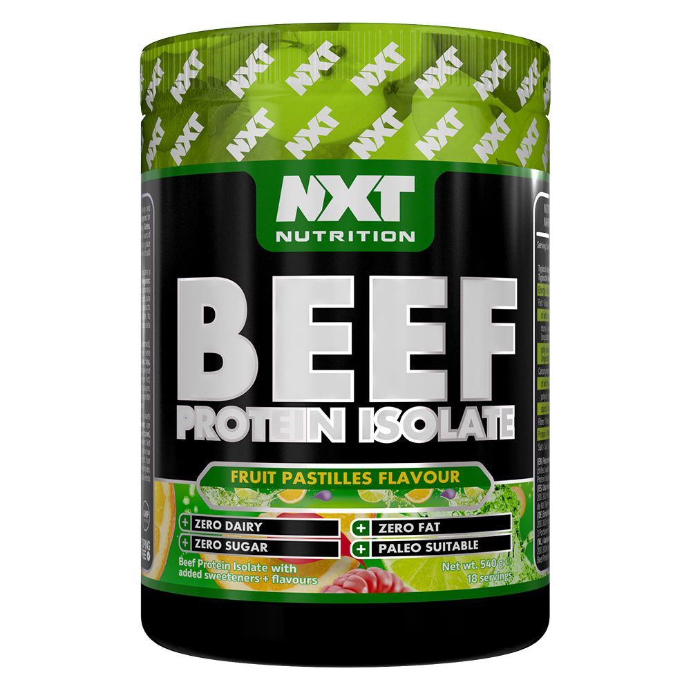 NXT Nutrition Beef Protein Isolate container with green and black design in fruit pastilles flavour