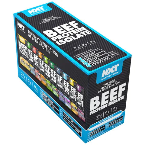 A box of NXT Beef Protein Isolate with 20 packs in various flavors.