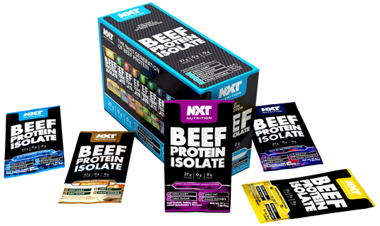 NXT Beef Protein Isolate packaging on a white background