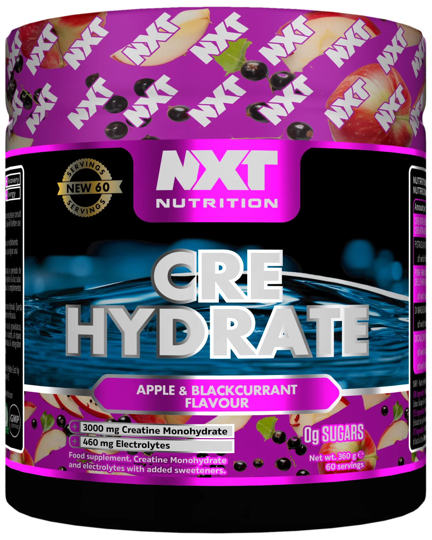 NXT Nutrition Cre Hydrate supplement container with purple and black design