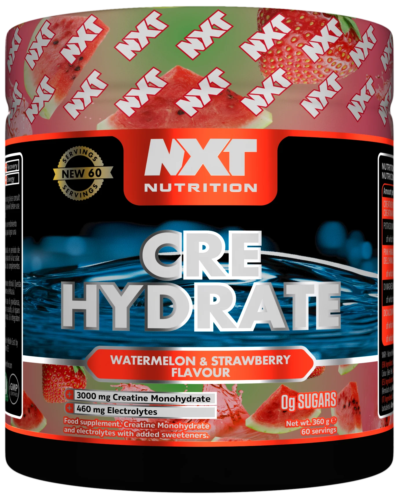 NXT Nutrition Cre Hydrate supplement container with watermelon and strawberry flavor on a white background