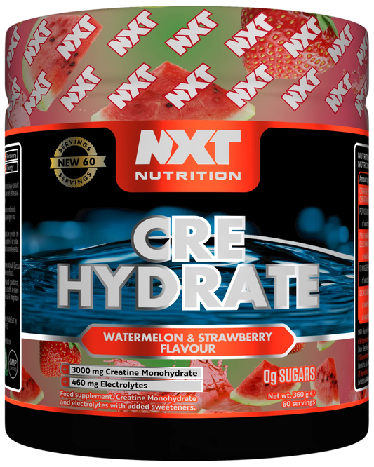 NXT Nutrition Cre Hydrate supplement container with watermelon and strawberry flavor on a white background