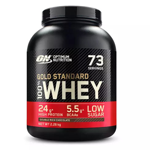 Optimum Nutrition Gold Standard 100% Whey protein powder container on a white background