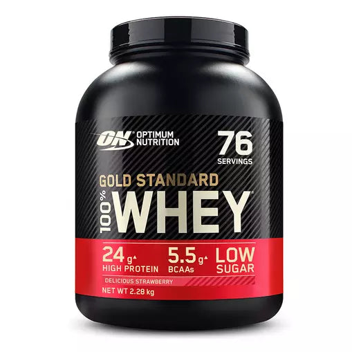 Optimum Nutrition Gold Standard 100% Whey protein powder container on a white background