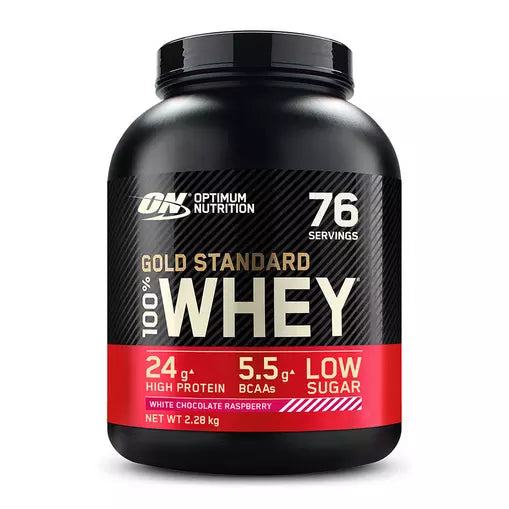 Optimum Nutrition Gold Standard 100% Whey protein powder container on a white background