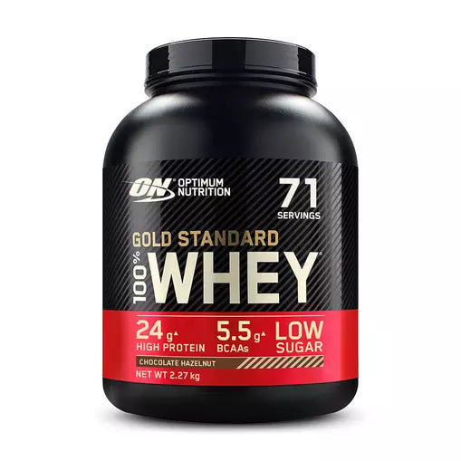 Optimum Nutrition Gold Standard 100% Whey protein powder container on a white background