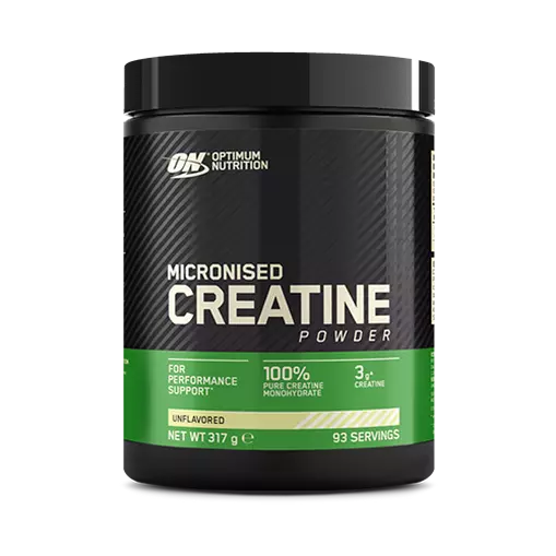 A container of Optimum Nutrition Micronised Creatine Powder with product details visible