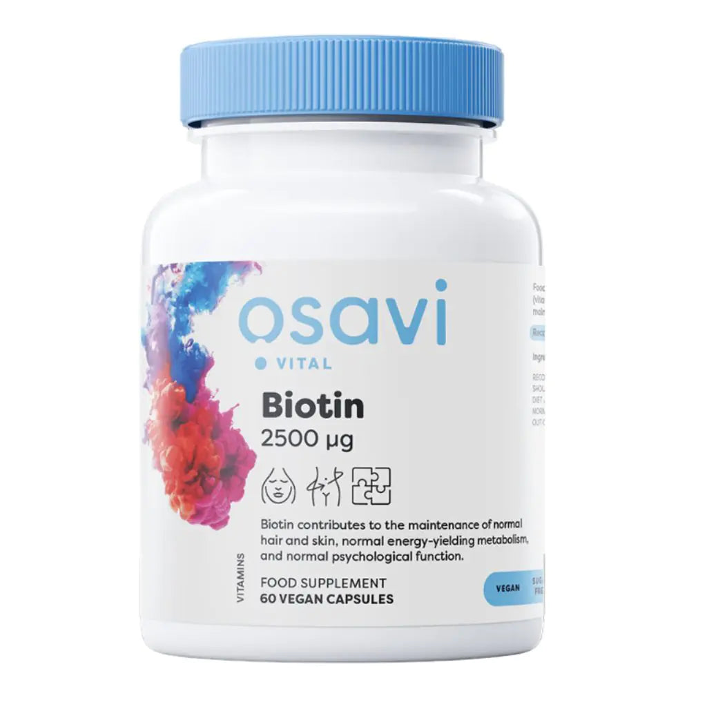 A bottle of Osavi Biotin supplement with 2500 mcg dosage, featuring a white container with a blue cap and decorative elements in blue and red on the label.