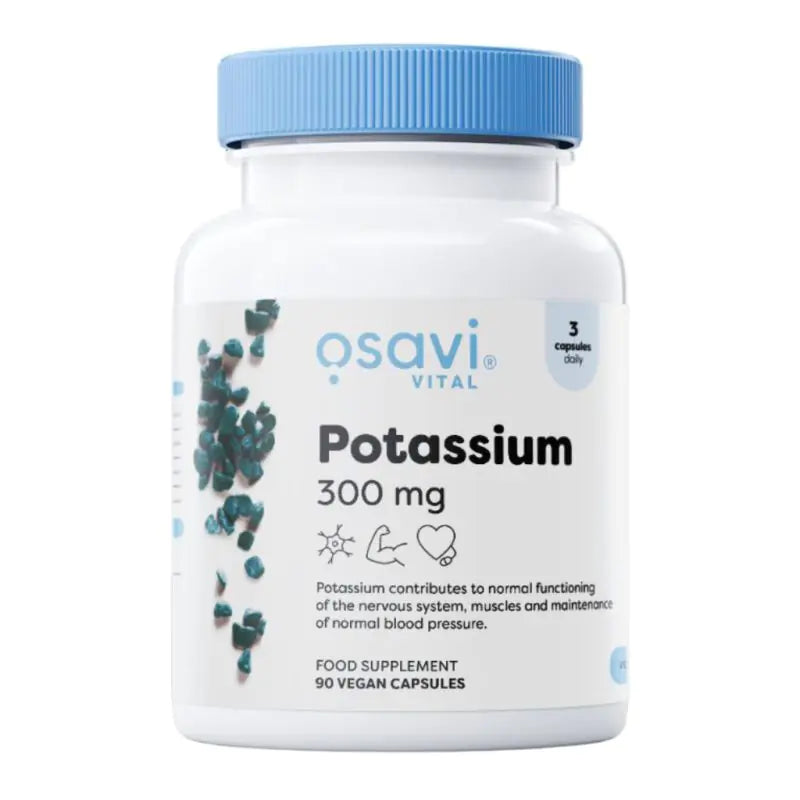 A bottle of Osavi Vital Potassium 300 mg capsules containing 90 vegan capsules, with a white label and blue accents.