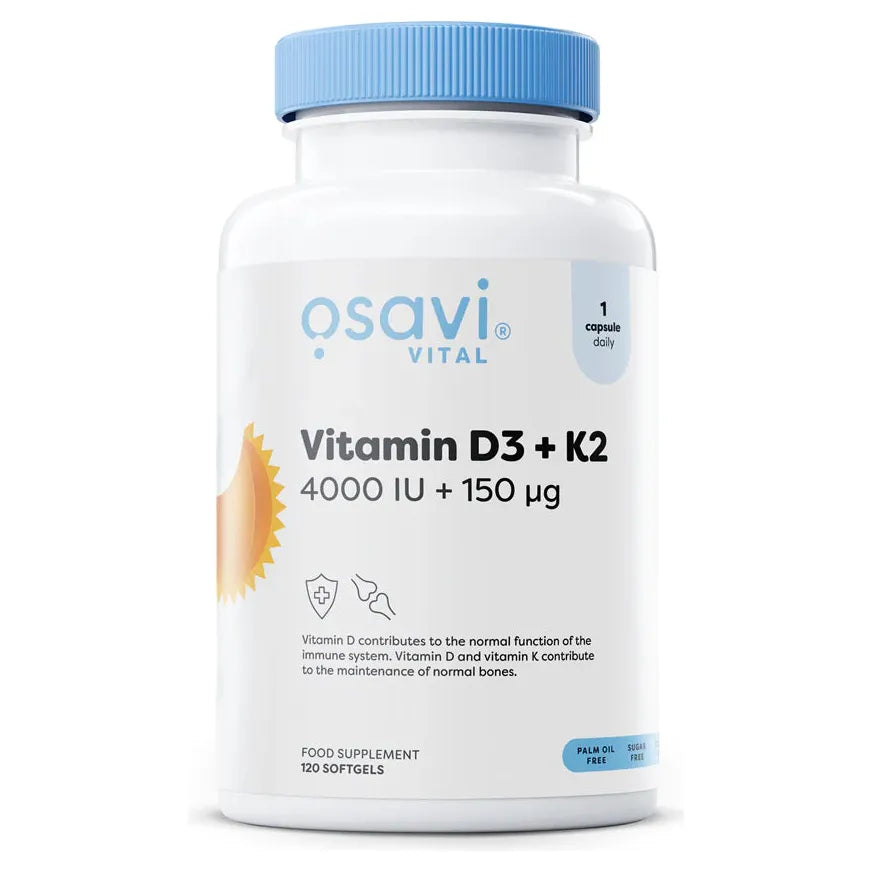 A bottle of Osavi Vital Vitamin D3 4000iu + K2 150 mcg softgel capsules.