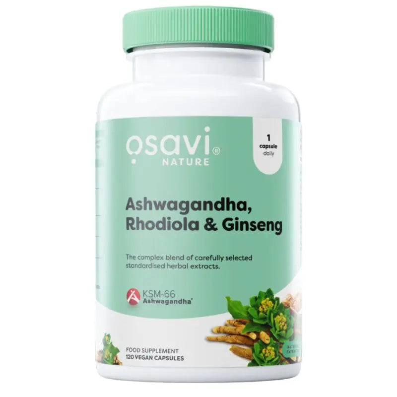 A bottle of Osavi Nature Ashwagandha, Rhodiola & Ginseng dietary supplement, containing 120 vegan capsules for stress relief and energy boosting.