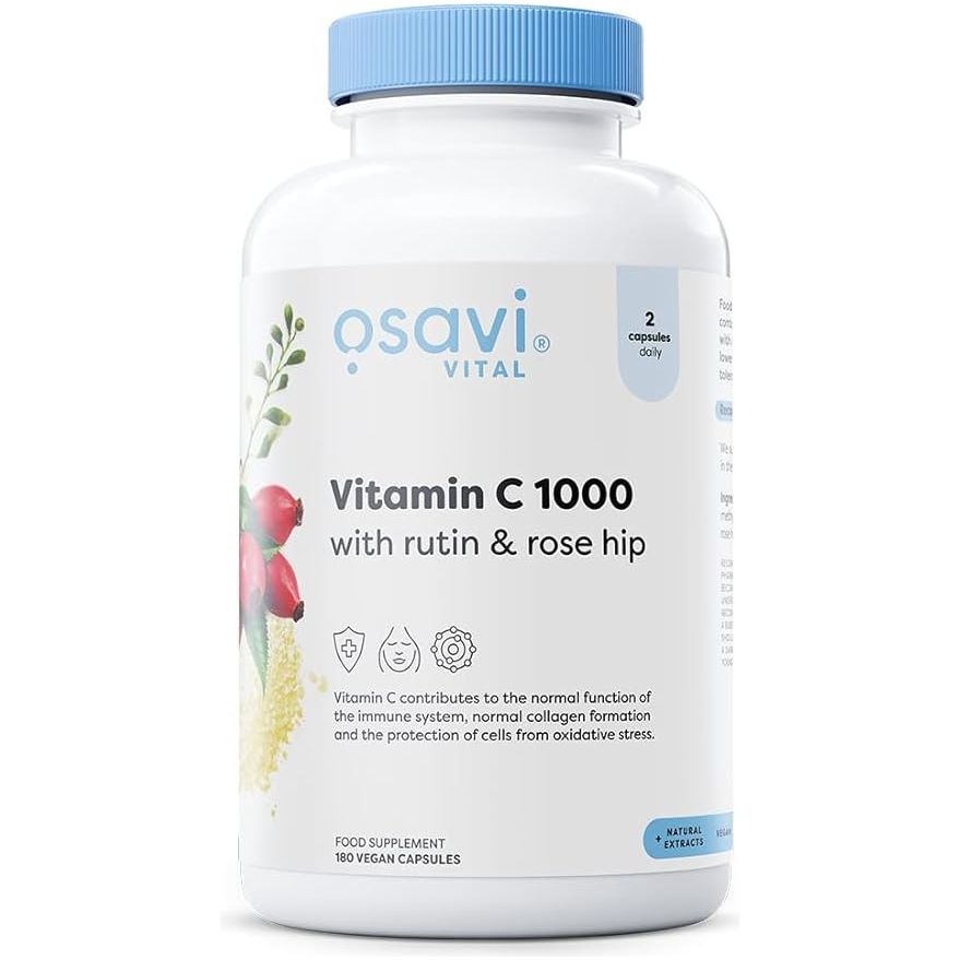 A bottle of Osavi Vital Vitamin C 1000 with Rutin & Rose Hip, containing 180 capsules.