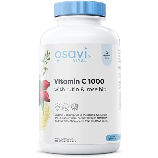 A bottle of Osavi Vital Vitamin C 1000 with Rutin & Rose Hip, containing 180 capsules.