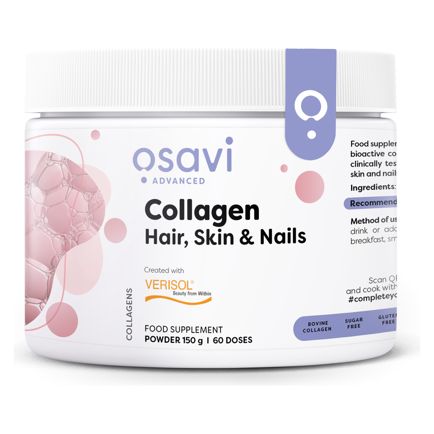 A container of Osavi Collagen Hair, Skin, Nails supplement in salted caramel flavor, with graphics indicating improved skin, hair, and nail appearance.